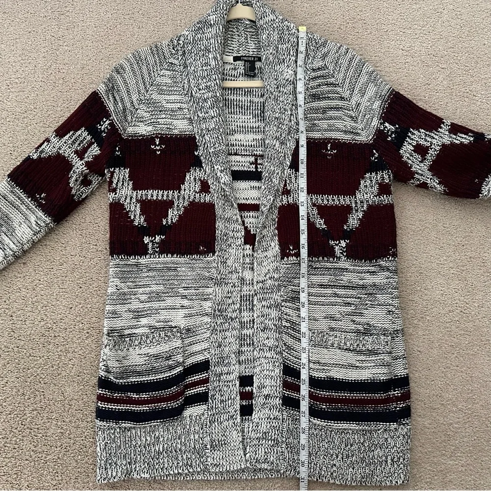 Fair Isle Fall Grey & Burgundy Open Front Oversized Cardigan Sweater